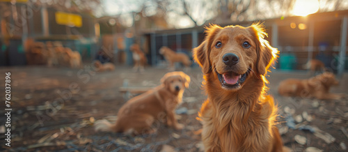 Golden retriever smiles at the camera, blurred littermates play in the background, sunset light. photo