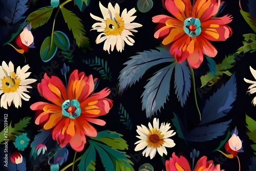 Dark floral background wallpaper design with multicolor flowers and leaves Generative AI