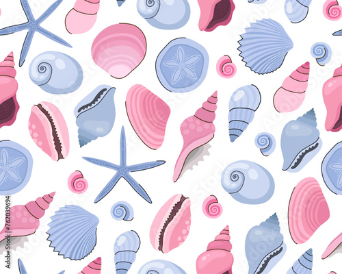 Seamless pattern with blue and pink seashells on a white background. Seashells of different shapes. Starfish. Summer and sea pattern. 