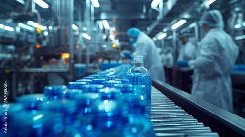 In the sterile environment of a pharmaceutical manufacturing line, technicians monitor the precise filling of blue bottles under strict quality control.