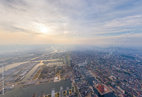 Antwerp  Belgium. Panorama of the city. River Scheldt  Escout . Summer morning. Aerial view