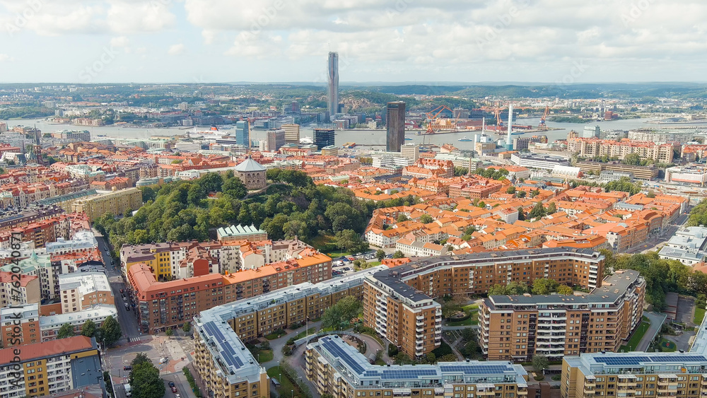 Gothenburg, Sweden. Skansen Kronan - A fortress on a hill with panoramic views of the city. Panorama of the city. Summer day. Cloudy weather, Aerial View