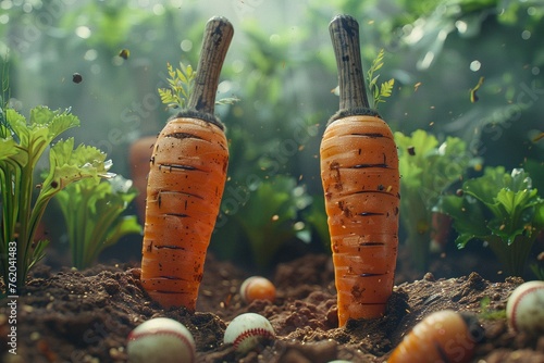 Baseball bats carved from giant carrots hitting home runs in a field of dreams and nutrition , Blender photo