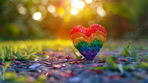 A heart-shaped lollipop in vibrant rainbow colors rests peacefully in the lush green grass, embodying love and pride