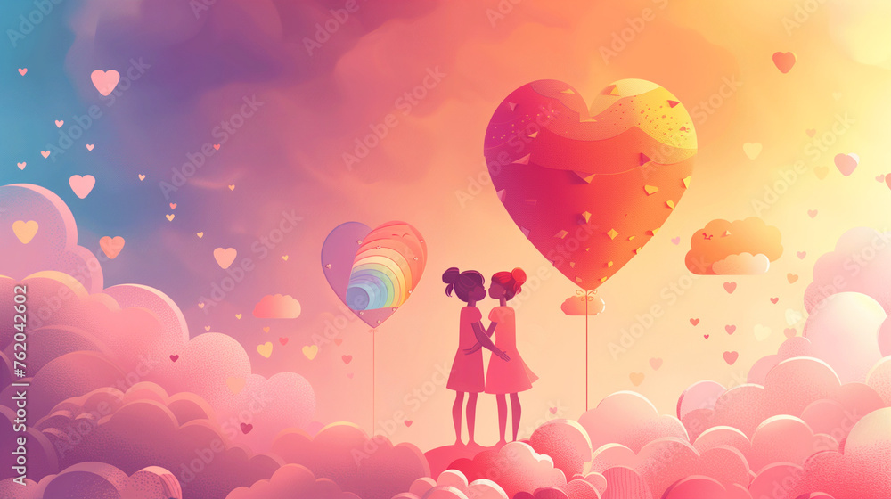 A couple joyously stand on fluffy clouds, surrounded by a vibrant rainbow flag, in a surreal, dreamlike setting