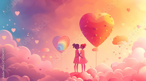 A couple joyously stand on fluffy clouds  surrounded by a vibrant rainbow flag  in a surreal  dreamlike setting