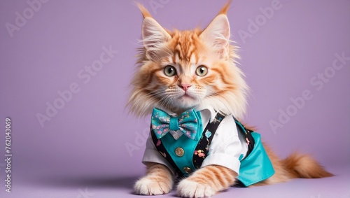 A captivating ginger cat dressed in a vibrant vest and bow tie, display of creativity and quirky animal fashion