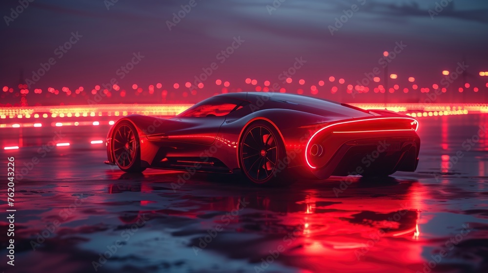 Fototapeta premium Red supercar with red line light led on highway. 3d Illustration