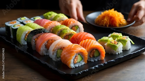 A tantalizing spread of colorful sushi rolls arranged on a sleek black platter --ar