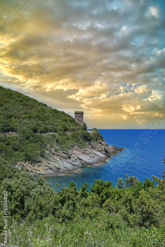 Corsica, the Losse tower, ancient genoese fortress on the coast, seascape in spring
 photo