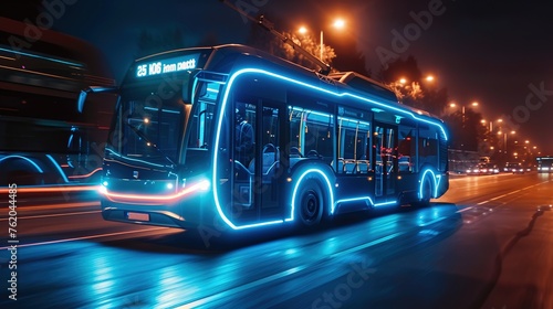 A futuristic electric bus with blue neon lights on a highway at night