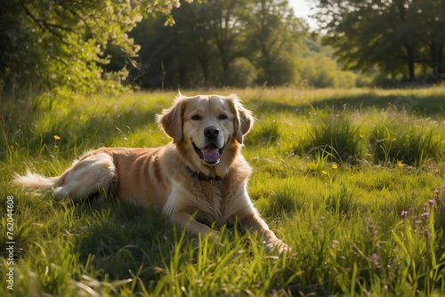 Heiterer Golden Retriever liegt entspannt und hechelnd auf einer Frühlingswiese im Sonnenlicht