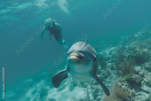 A Dolphin Approaches a Snorkeler © Hashi