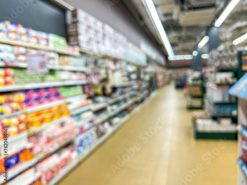 Supermarket aisle and shelves blurred background