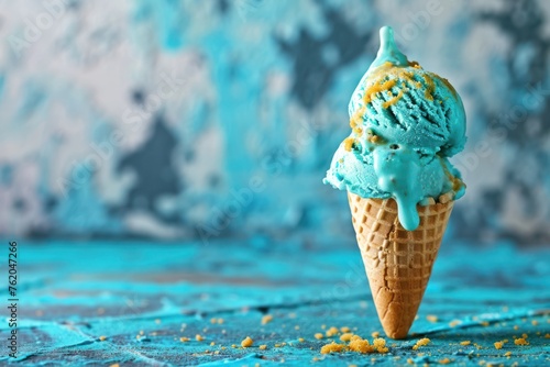 Crumbled Cookie Cascade - Turquoise ice cream with cookie crumbles in a waffle cone