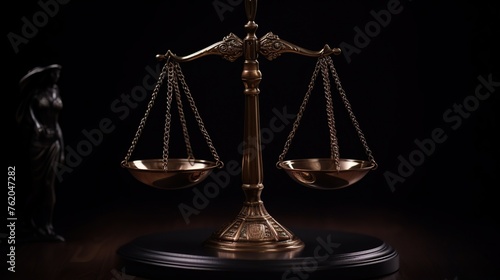 Scales of justice on a wooden table on a dark background