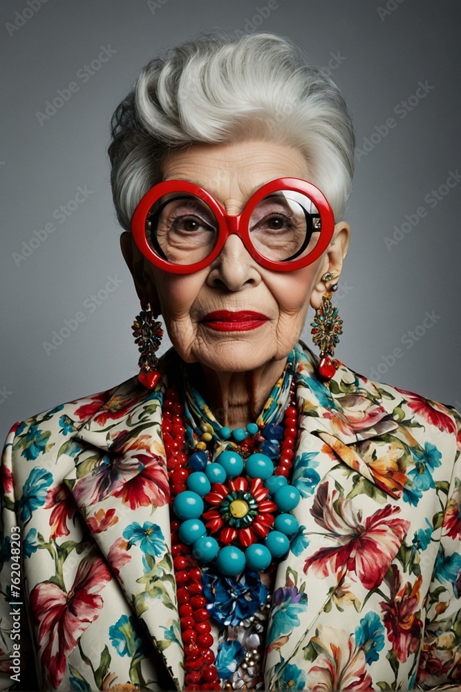 Exquisite elderly woman's fashion with vibrant floral blazer and bold accessories
