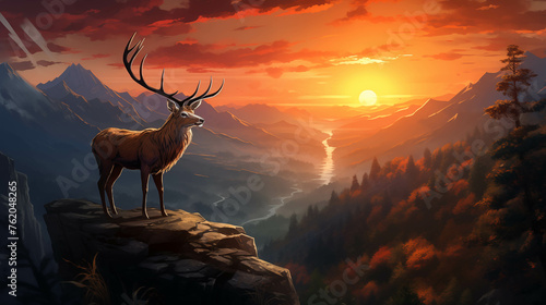 A watercolor painting of a deer standing on a rock at the edge of a cliff in the evening sunlight.
