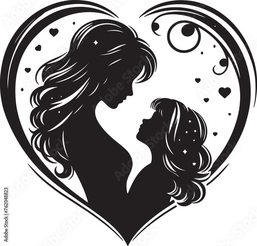 mother and daughter silhouette in the heart shape vector, silhouette of a girl with heart
