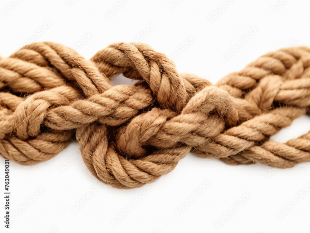 A rustic rope with a complex knot in the middle, isolated on white background. A rustic rope with a complex knot in the middle, isolated on white background.