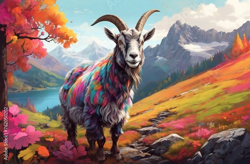 An Alpine Goat with colorful furs with Alpine background © Julio