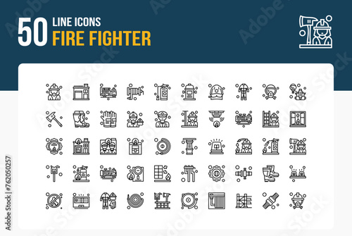 Set of 50 icons of Fire Fighter related to Firefighter, Fire Station ,Fire Truck Line Icon collection photo
