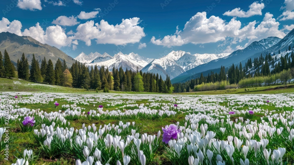 There is an endless sea of white crocuses blooming on green grassland in front of snowcapped mountains