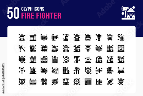 Set of 50 icons of Fire Fighter related to Firefighter, Fire Station ,Fire Truck Glyph Icon collection