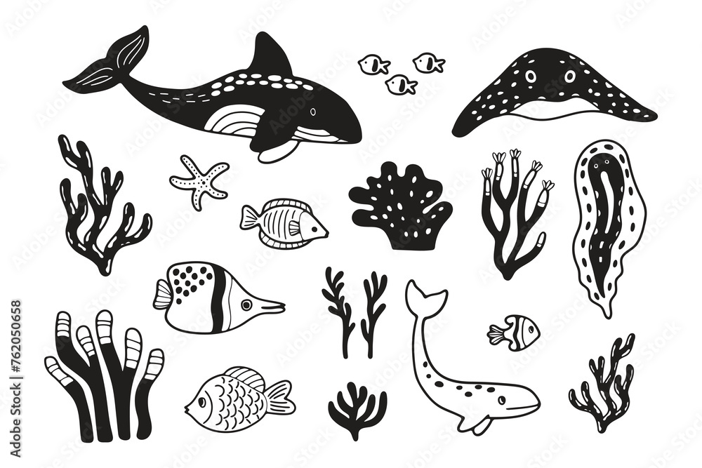 Obraz premium Hand Drawn Set of aquatic animal characters in flat style