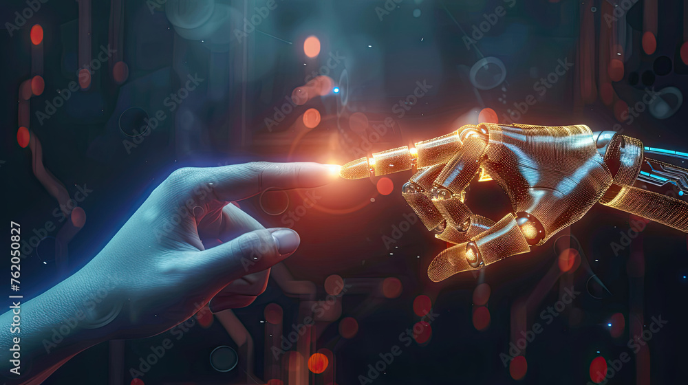 The human finger delicately touches the finger of a robot's metallic finger. Concept of harmonious coexistence of humans and AI technology The human finger delicately touches the finger of a robot's metallic finger. Concept of harmonious coexistence of humans and AI technology