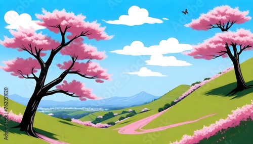 Digital Art of a magnificent cherry blossom tree in full bloom  its branches laden with pink flowers and delicate petals against a clear blue sky. The surrounding landscape is lush and vibrant.