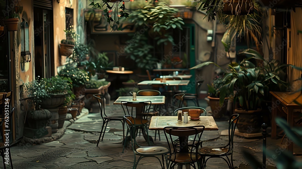 Cozy outdoor patio of a european style cafe, perfect for relaxation. bistro chairs and flower pots create romantic ambiance in a quaint alley. ideal setting for warm evenings. AI