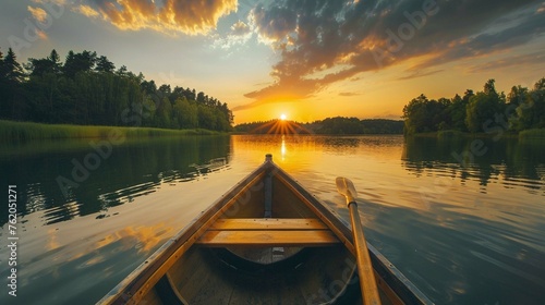 Sunset boat ride on a tranquil lake.