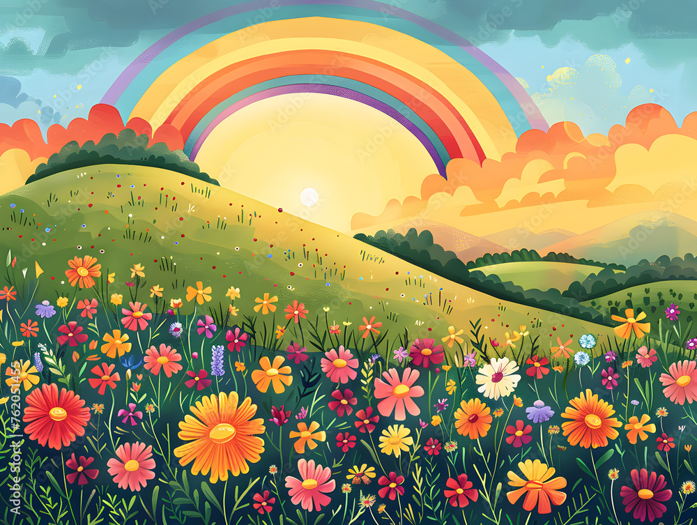 An idyllic illustration featuring a vibrant wildflower meadow under a majestic rainbow at sunset, evoking warmth and tranquility.