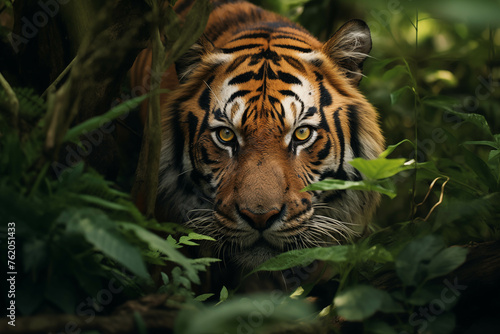 Tiger in the zoo and on the rock, a majestic wildcat with striped fur and a fierce face in its natural habitat. © Gun
