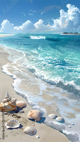 Tropical Beach Illustration with Clear Blue Waters.