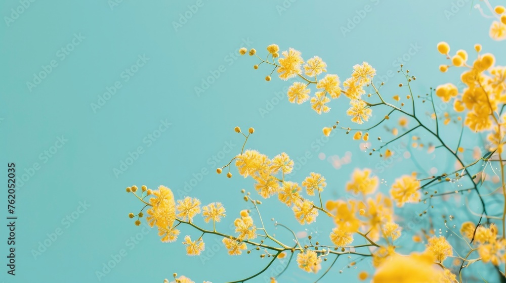 Beautiful mimosa flowers in a yellow color against a sky blue background