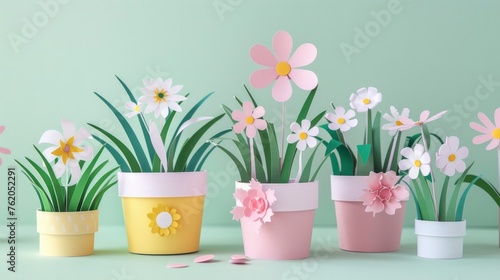 Spring-themed paper planters with grass and flowers.
