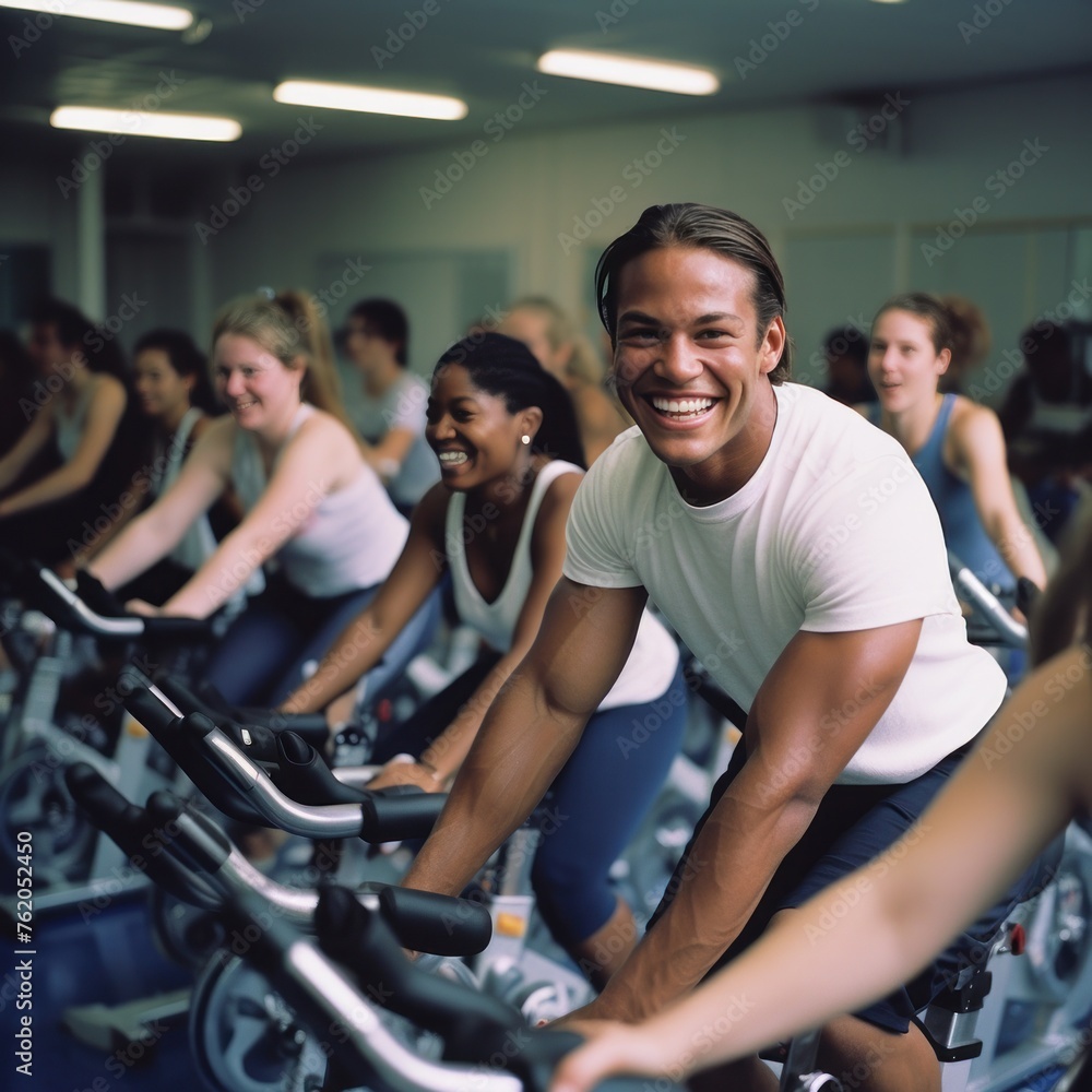 Fit people working out at spinning class in the gym, cycling a bike at gym, cardio training, exercising legs, wearing sports tights and top. Group of smiling friends at gym Fit people working out at spinning class in the gym, cycling a bike at gym, cardio training, exercising legs, wearing sports tights and top. Group of smiling friends at gym
