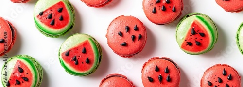 Watermelon Macarons, red and green macarons with watermelon slice designs on top