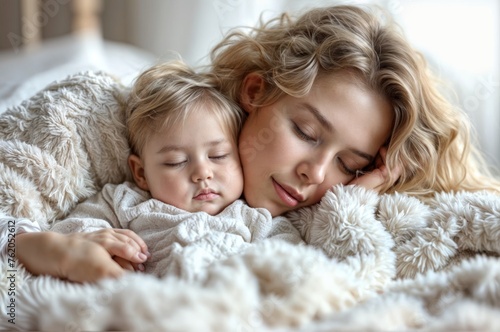 Beautiful young mother and her cute little daughter sleeping together on the bed at home