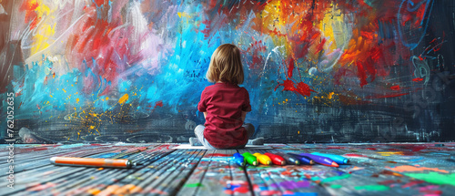 Kid drawing with imaginary friend colorful art supplies