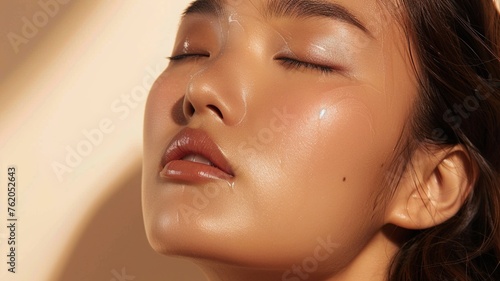 Close-up of an Asian woman s face with her eyes closed and her head tilted slightly to the side. The background is beige. She has beautiful skin. Glossy lips. ai generated.