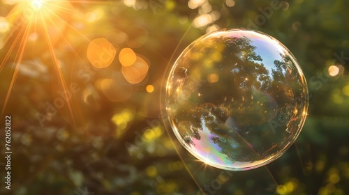 Single soap bubble floating gently in sunlit garden. magic of nature captured in a bubble. perfect for peaceful and tranquil themes. AI