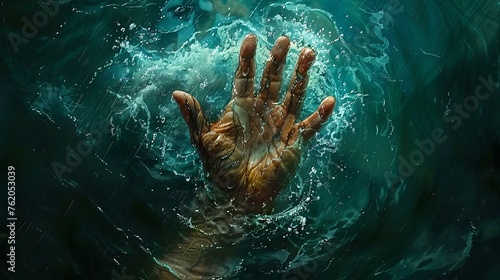 Dramatic hand rising above water, desperation, survival, moody ocean themed digital artwork. conceptual representation of struggle. AI