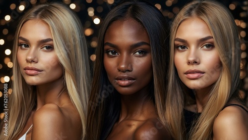 A powerful portrait of three diverse models with striking features and expressions