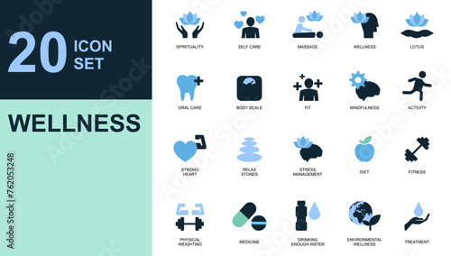  set of wellness Health care icons related to wellness, well being, mental health, healthcare, cosmetics, spa, medical. Outline icon collection