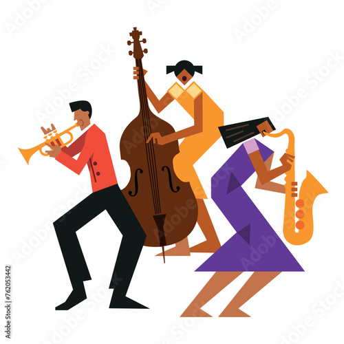 Jazz Band, dixieland, Contrabass, saxophon, trumpet. Funny flat design Illustration of two women jazz musicians and man with trumpet. Isolated on white background.