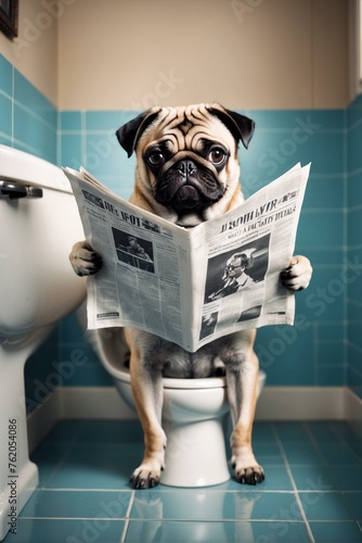A pug dog humorously perched on a toilet while 'reading' a newspaper, spoofing human bathroom habits