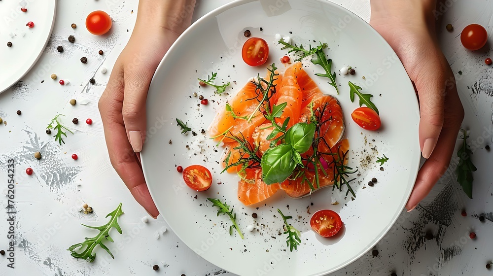 Gourmet smoked salmon dish presented elegantly on a white plate. fresh, healthy, and styled for modern culinary appeal. ideal for food blogs and menus. AI Gourmet smoked salmon dish presented elegantly on a white plate. fresh, healthy, and styled for modern culinary appeal. ideal for food blogs and menus. AI